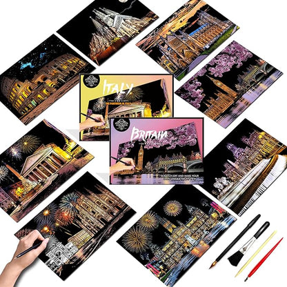 Scratch Art Painting Kit for Adults-8 Sheets A4 Rainbow Scratch Painting Paper Craft Set with City Landmarks|Stress Relief Gift for Travel&Craft Lovers|Scratch Art Home Decor(Europe Series 2)