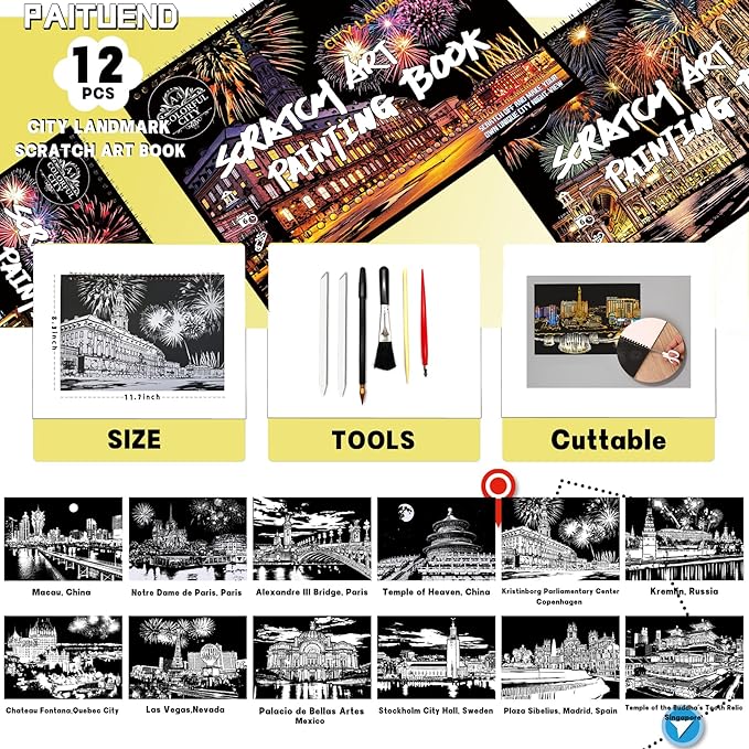 Scratch Art Book for Adults-Landmark Building Scratch Art|Scratch Painting Paper Craft Kit|Creative Foil Engraving Art Set|Scratch City Series Books for Travel Lovers,Craft Lovers(New City 1)