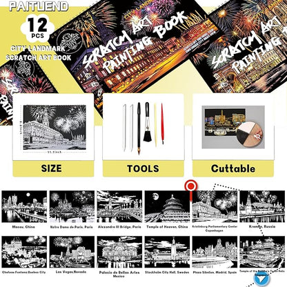 Scratch Art Book for Adults-Landmark Building Scratch Art|Scratch Painting Paper Craft Kit|Creative Foil Engraving Art Set|Scratch City Series Books for Travel Lovers,Craft Lovers(New City 1)