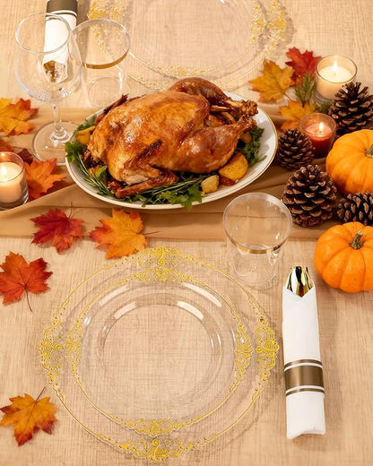 Nervure 350PCS Clear Gold Plastic Plates - Gold Plastic Dinnerware Sets for 50 Guests - 100 Disposable Plates, 150 Silverware, 50 Cups, 50 Napkins for Wedding & Party & Thanksgiving