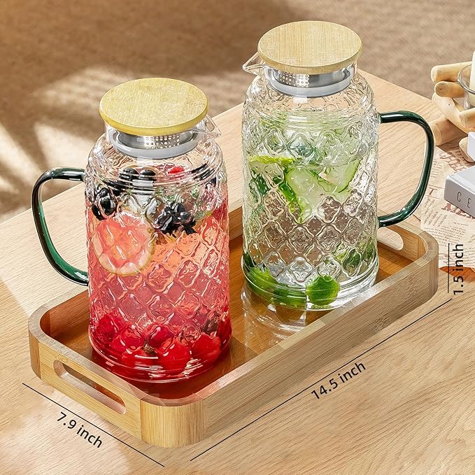Buaic Glass Pitcher with Lid, 2 PACK 68 oz/2 Liter Vintage Water Pitcher With