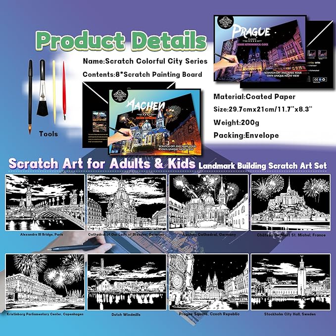 Scratch Art Painting Kit for Adults-8 Sheets A4 Rainbow Scratch Painting Paper Craft Set with City Landmarks|Stress Relief Gift for Travel&Craft Lovers|Scratch Art Home Decor(Europe Series 1)