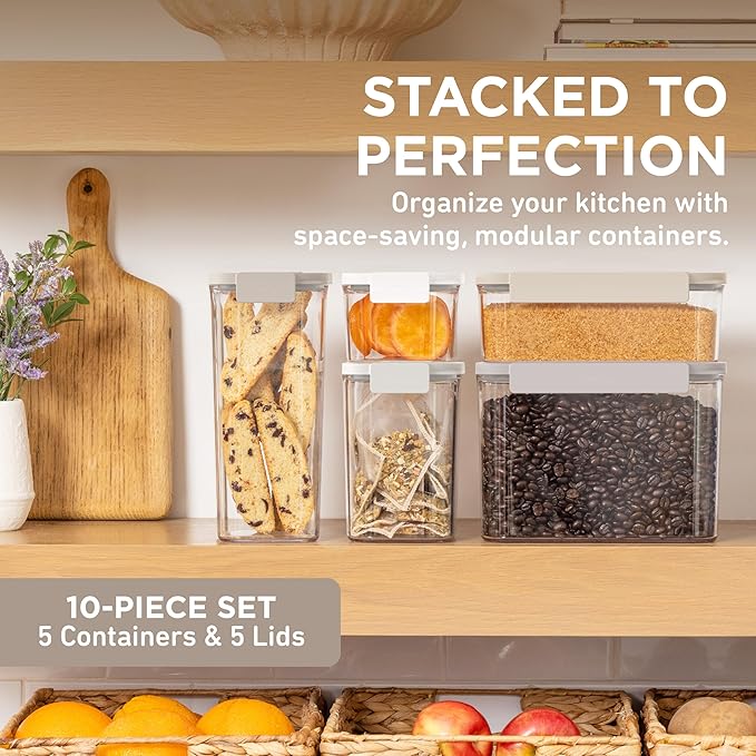 Bentgo Pantry - 10-Piece Airtight Food Storage Containers, Clear, Stackable Kitchen & Pantry Organization, Locking Lids for Freshness, BPA-Free Plastic - Ideal for Sugar, Flour, & More (White Stone)