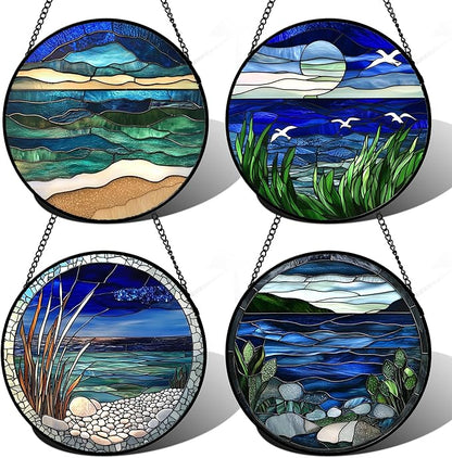 AMDERVEN Stained Glass Window Hanging 4 Pcs Set Navy Blue Ocean Landscape Large