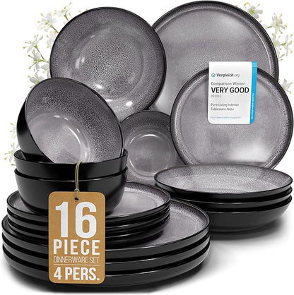 Stoneware dinnerware set 4 persons 16 pcs - Dishwasher, microwave and scratch resistant - Bowl and plate set 4 persons modern - Dinner service Pure Living black in gray…