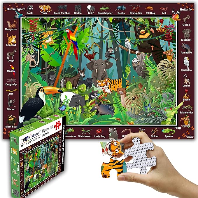 Think2Master Colorful Rainforest Jungle Zoo Animals 100 Pieces Jigsaw Puzzle Fun Educational Toy for Kids, School & Families. Great Gift for Boys & Girls Ages 5-8 4-6 6-8 8-10 23.4” X 16.5”