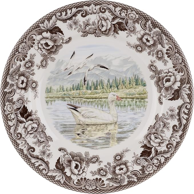 Spode Woodland Snow Goose Dinner Plate - 10.5 Inch Fine Earthenware with British Flowers Border, Microwave, Freezer, Dishwasher & Warm Oven Safe - Hunting-Themed Thanksgiving Plate, Made in England