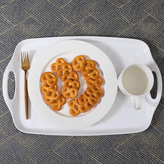 Large Serving Tray with Handles,19”x12” Large Rectangular Melamine Serving Platters Set of 2, Kitchen Food and BBQ ServingTray,Dishwasher Safe, Bright White
