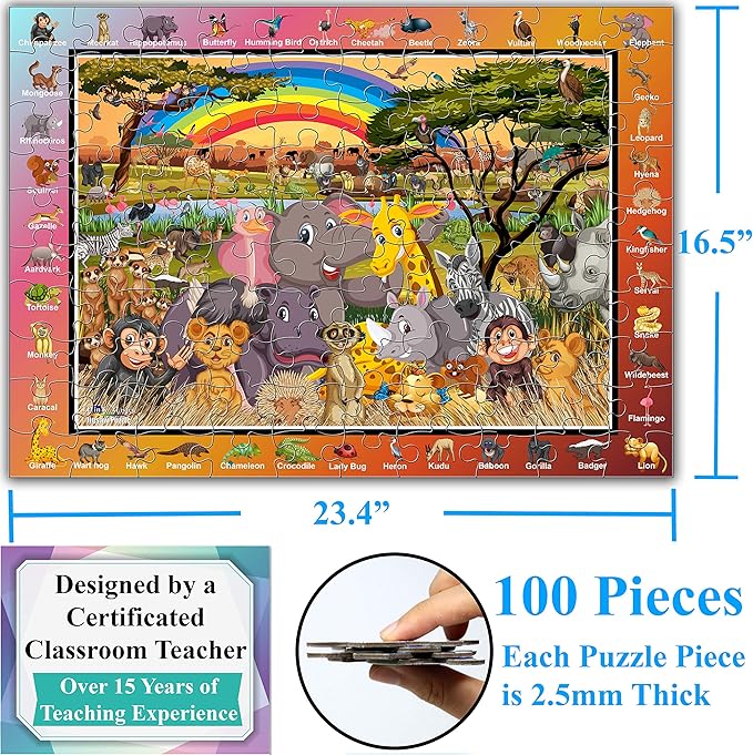 Think2Master Zoo Animals of The Savanna Jungle Safari 100 Pieces Jigsaw Puzzle. Fun Educational Toy for Kids, School & Families. Great Gift for Boys & Girls Ages 5-8 4-6 6-8 8-10 23.4” X 16.5”